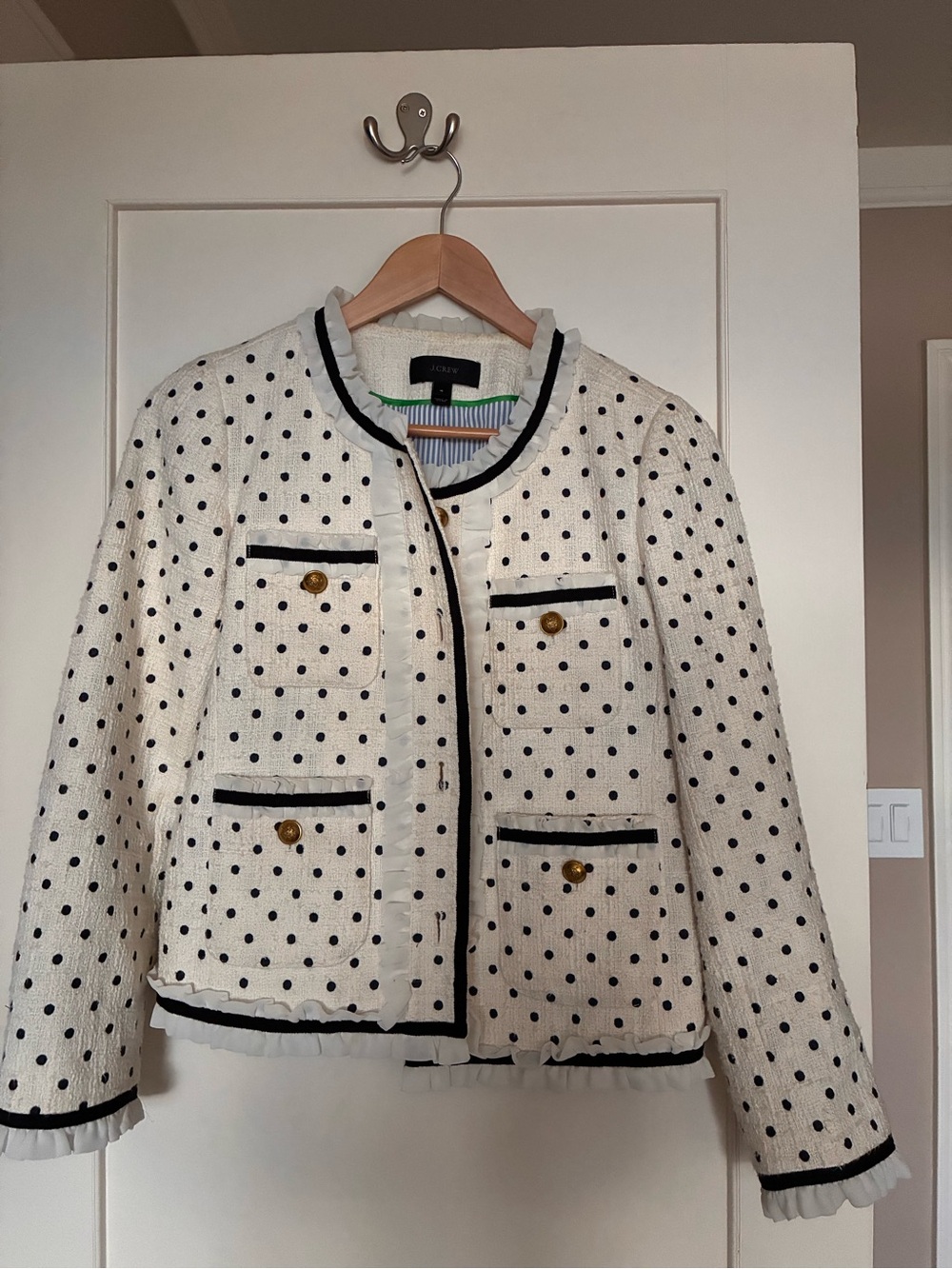 J. Crew Polka Dot Ruffle Trim Lady Jacket Blazer with ruffle chiffon trim Size 4